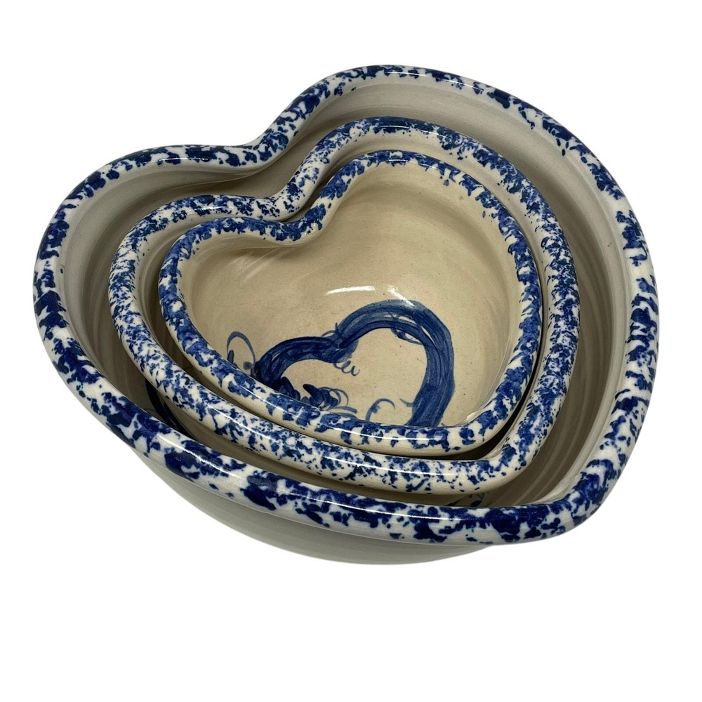 Casey Pottery Marshall TX Hand Painted Blue Floral Heart Cream Ceramic Bowl Set